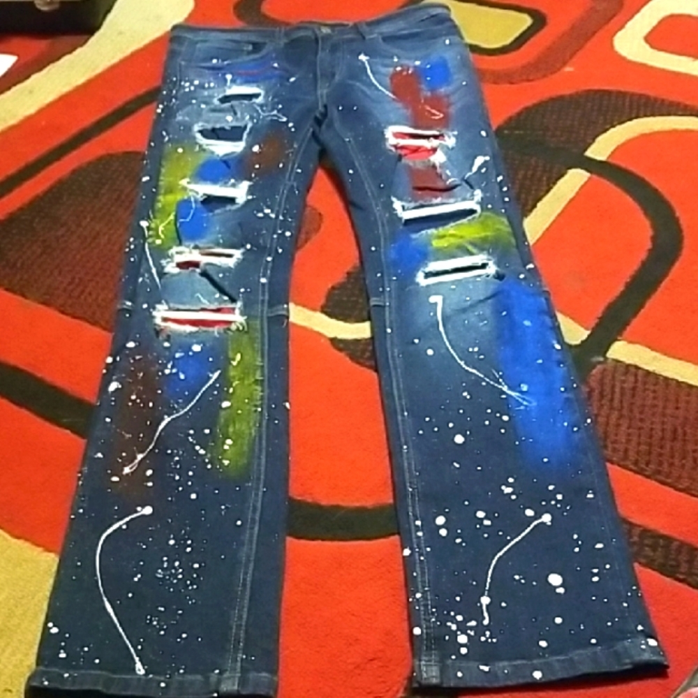 Mens Colorful Splatter Paint Ripped Jeans